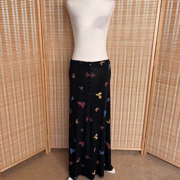 Vintage 90s EZ Town black butterfly maxi skirt with buttons - Picture 1 of 5